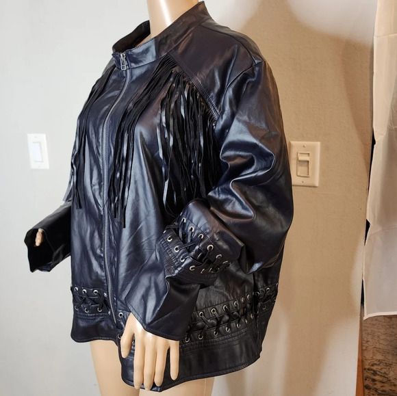 Kate & Mallory Vegan Leather Navy Blue fringe  lace up zip jacket. Women's 3X - Picture 16 of 16